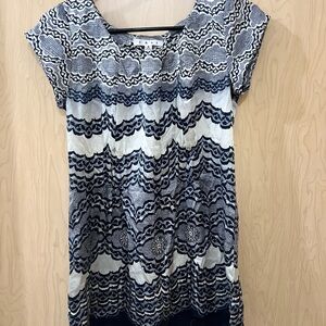 CAbi Black and White Graphic Cap Sleeve Blouse